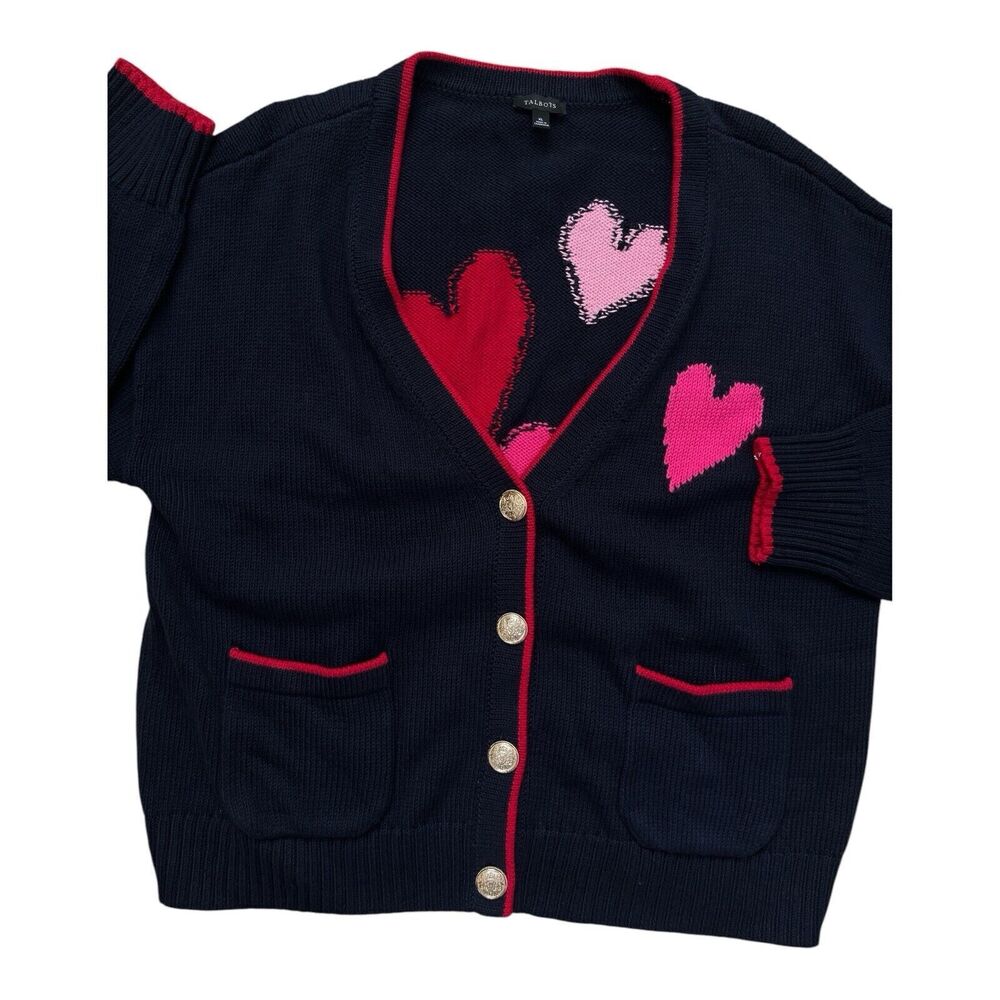 Talbots Cardigan Women's XL Navy Blue Pink Hearts Gold Buttons Valentines Day - Picture 5 of 5